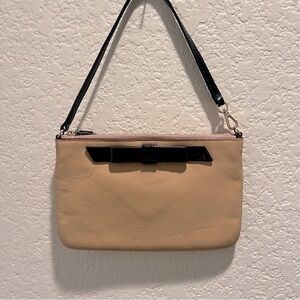 Kate Spade Lolly Leather Macchiato Colored Tan Wristlet Black Bow Clutch